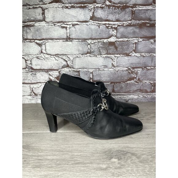 Brighton Rizzo Black Leather Silver Elastic Heel Ankle Booties Women 10M US/41EU - Picture 4 of 16